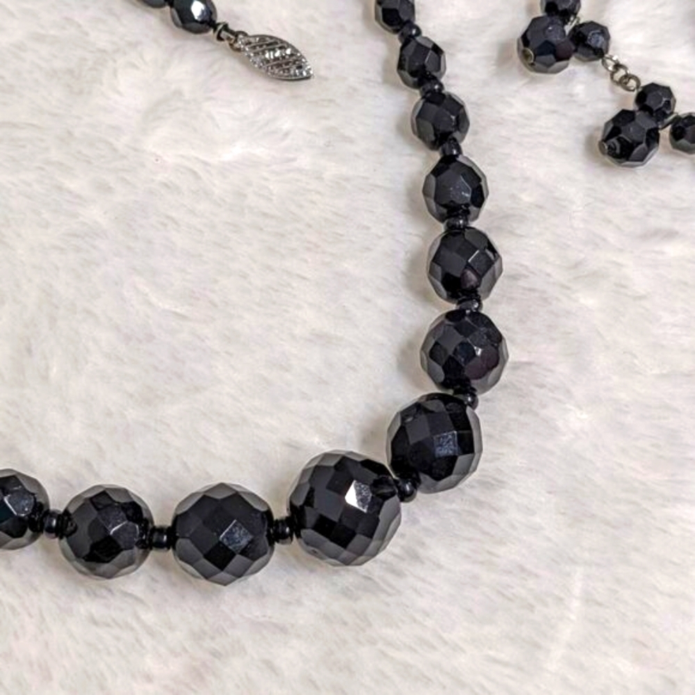 Vintage 1990's Black Facetted Crystal Bead Choker w/ Bracelet & Pierced Earrings - Picture 5 of 11